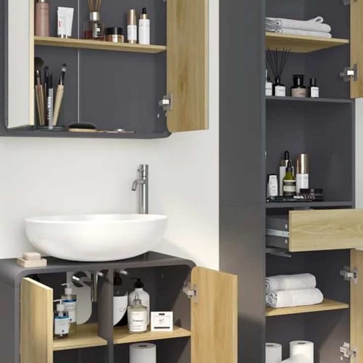 Vichy Badmöbel-Set Arla, 3-teilig, Anthrazit/Eiche mit Hochschrank und integriertem Spiegelschrank mit Beleuchtung – Bild 4