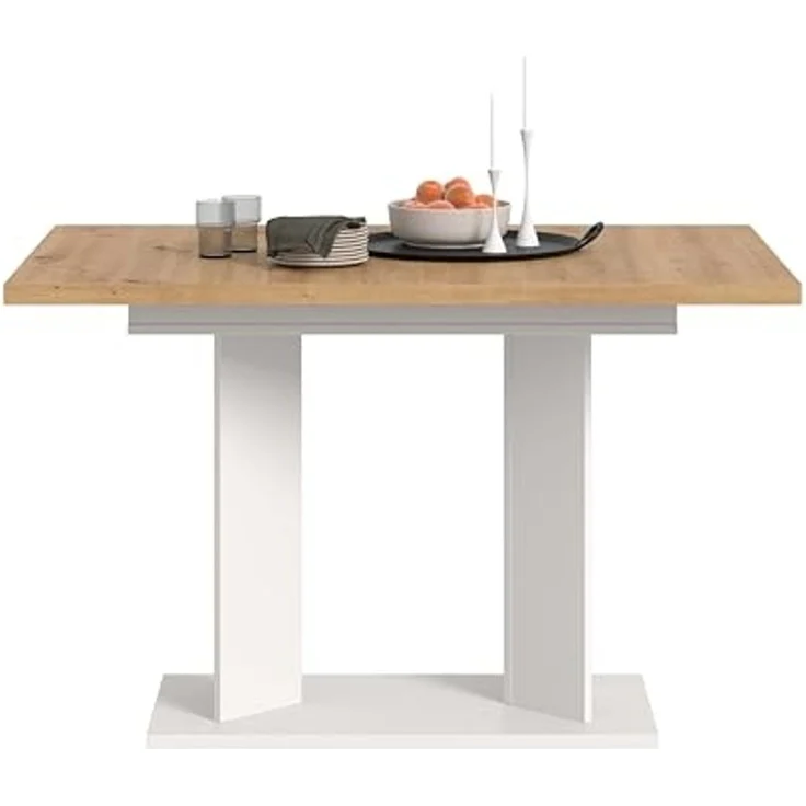 xonox. home – Esstisch Gustav 120-160x76x80 cm in Artisan Eiche Nachbildung und Weiß – Ausziehbarer Küchentisch mit Doppelsäule – variabel anpassbar, ummantelte Kanten & inklusive Aufbauanleitung – Bild 4