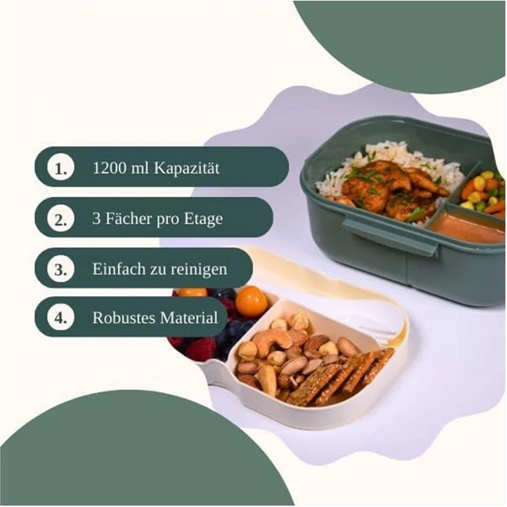 Diwzbyn Lunchbox für Kinder und Erwachsene, Brotdose mit Fächern, 14,5 x 21 x 8 cm – Bild 4
