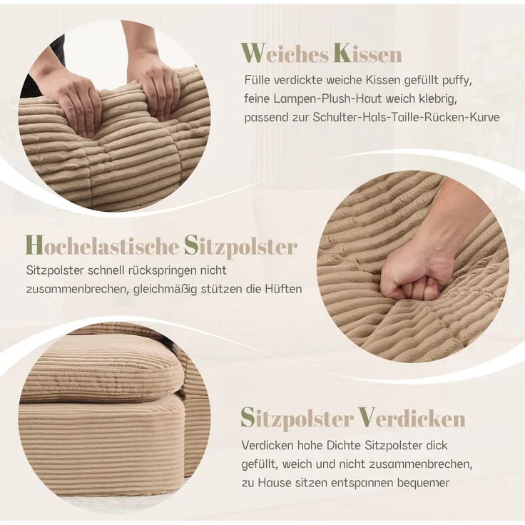 EINHOM Schlafsessel 2-in-1 aus Cord, Schlafsofa mit Liegefunktion, Komprimiertes Bodensofa mit Verstellbaren Armlehnen, 2 Getränkehaltern, Hoher Rückenlehne und Extra Tiefer Sitzfläche, Khaki – Bild 6