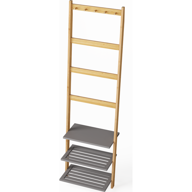 Handtuchleiter 52×28,5×183 cm aus Bambus mit 3 Ablagen und Haken – freistehendes Badregal in Natur – Bild 7