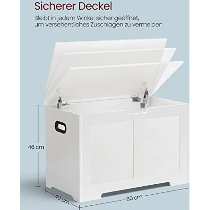 VASAGLE Schuhbank, Sitzbank mit Stauraum, Sitztruhe mit 2 Sicherheitsscharnieren, Aufbewahrungsschrank, Landhausstil, 40 x 80 x 46 cm, für Flur, Schlafzimmer, Wohnzimmer, wolkenweiß LSB063T14 – Bild 4