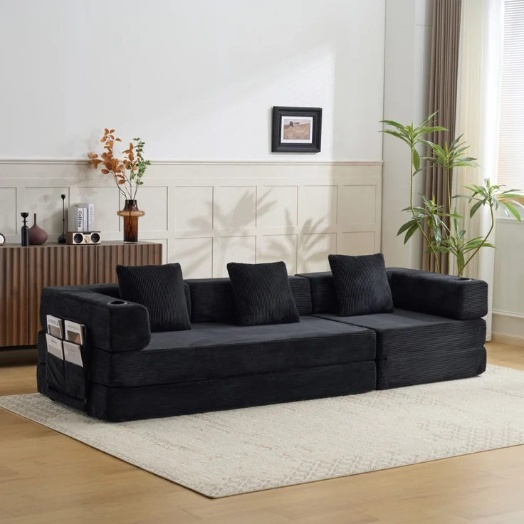 Klappbares Bodenschlafsofa mit Getränkehaltern und Seitentaschen, faltbare Cord-Futoncouch ohne Montage für Wohn- und Gästezimmer, Schwarz – Bild 13