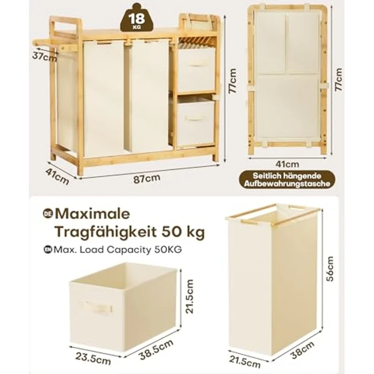 Yorbay Wäschekorb Bambus 140L, Wäschesortierer mit 2 Körben, 2 Fächern & Hängetasche – Bild 2