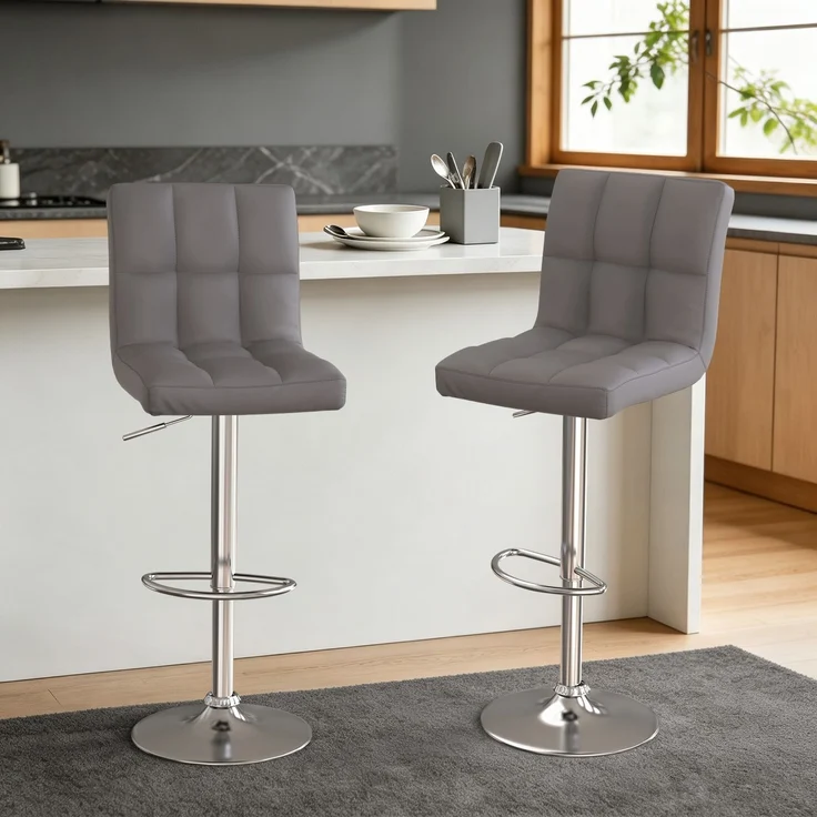 Botifly 2er Set Barhocker Grau Kunstleder, Höhenverstellbar 60-80cm, 360° Drehbar mit Fußstütze, SGS Zertifiziert für Küche, Bar & Theke – Bild 1
