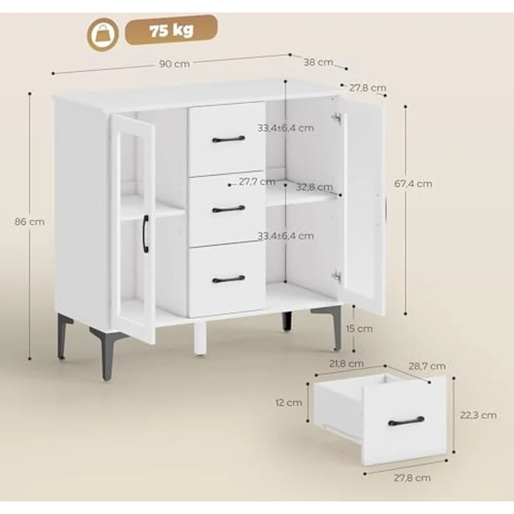 HOMCOM Sideboard mit 3 Schubladen, 2 Glastüren, verstellbaren Regalen (Modern Schubladenschrank, 1 St, Kommode), mit Soft-Close-Scharnieren, für Wohnzimmer Esszimmer Flur, Weiß – Bild 3