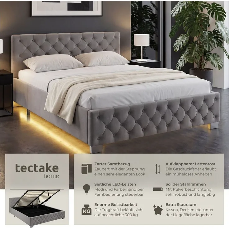 tectake Polsterbett Komfortbett mit LED-Leisten & Stauraum - Samtoptik mit Steppmuster (Bettset, in Dunkelgrau), stabiler Stahlrahmen, Belastbarkeit 300 kg