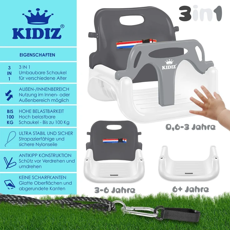 KIDIZ® Babyschaukel, Mitwachsend, mit Rückenlehne und Anschnallgurt, belastbar bis 100kg, Kunststoff Anthrazit, 33 x 24,3 x 35 cm – Bild 2