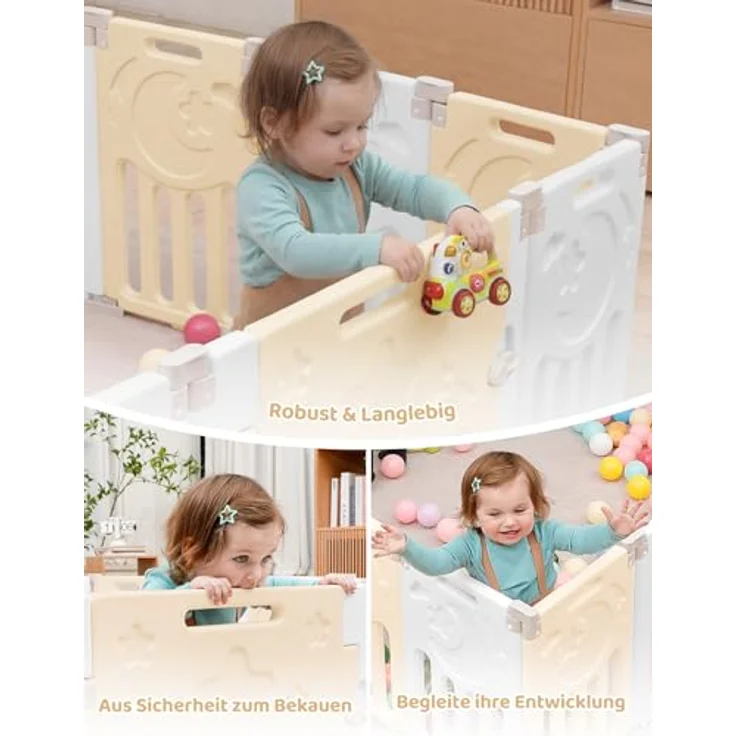 Dripex Faltbarer Laufstall Baby 150×150cm, Laufgitter Baby, Baby Playpen, Baby Laufstall mit Spielzeugboard, Laufstall in Anpassungsfähiger Form, Laufgitter aus Kunststoff, Gelb – Bild 10