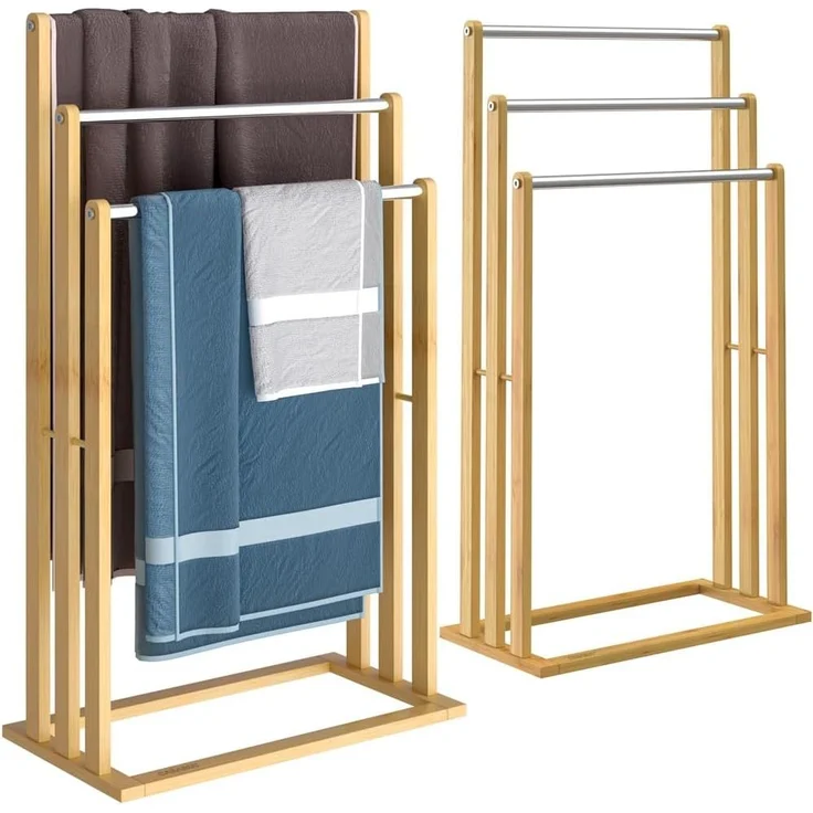 Casaria Handtuchständer, Stehend 2er Set Holz Handtuchhalter Ohne Bohren 3 Stangen Edelstahl – Bild 1