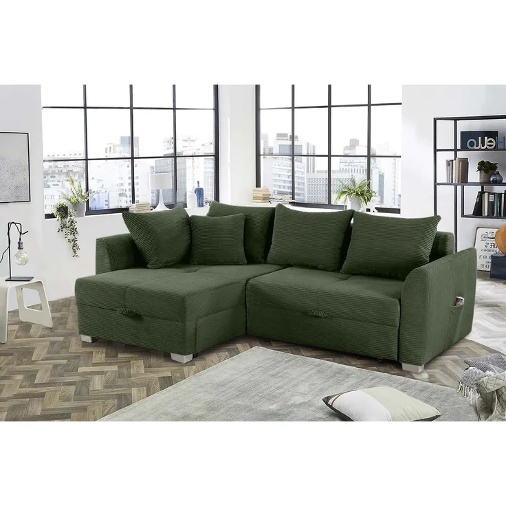 Ecksofa L-Form Couch Polsterecke ausziehbar Schlaffunktion Bettkasten Cord Grün – Bild 7