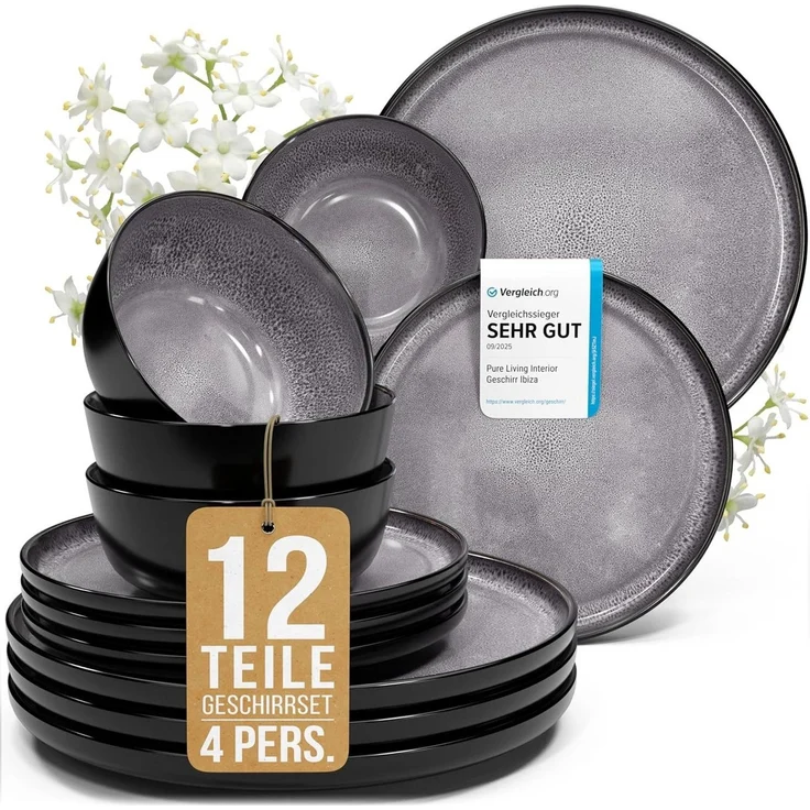 Steingut Geschirrset 4 Personen Ibiza 12 tlg. TESTSIEGER, Traumhaftes Mediterranes Steingut Geschirr Set, Schüssel- und Teller Set, Tafelservice 4 Personen, Geschirrsets Pure Living in Grau – Bild 1