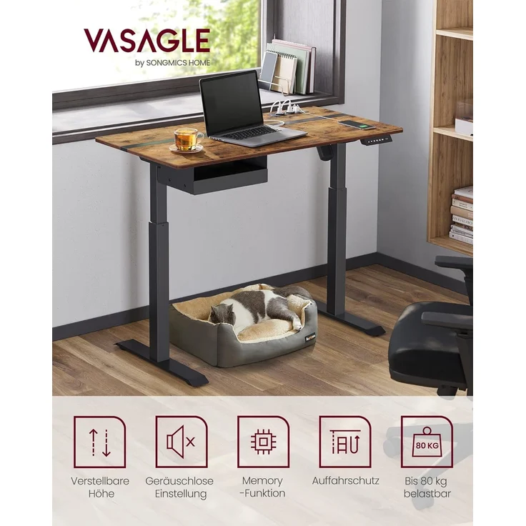 Vasagle Höhenverstellbarer Schreibtisch elektrisch, mit Steckdose und Schublade, stufenlos verstellbar, Memory-Funktion mit 4 Höhen, vintagebraun-schwarz, Tischoberfläche 60x120 cm – Bild 2