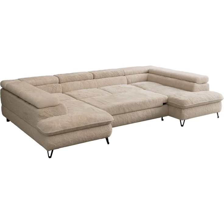 Ecksofa U-Form, mit Bettkasten, Bettfunktion und Einstellbare Kopfstützen, Sofa big XXL - PETER U - Beige Plüsch – Bild 5