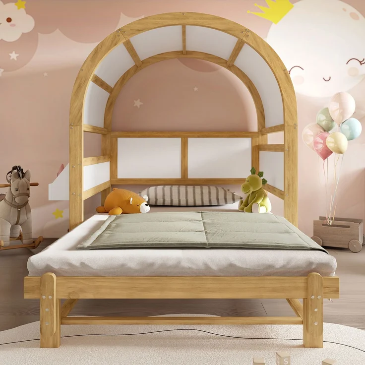 Gewölbedachbett erweiterbar mit Ausziehbett Funktion, Holzhaus Design aus Kiefer MDF, weiß-natur – Bild 2