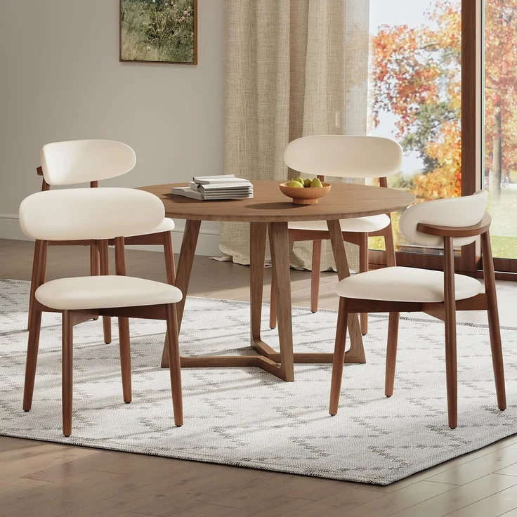 MALOL Stühle Esszimmer 4er Set, Gepolsterte Küchenstühle mit Hochdichtem Schaumstoff, PU-Lederbezug, Ergonomische Rückenlehne, Gummiholzgestell Nussbaum-Optik, für Küche Wohnzimmer Café, Weiß