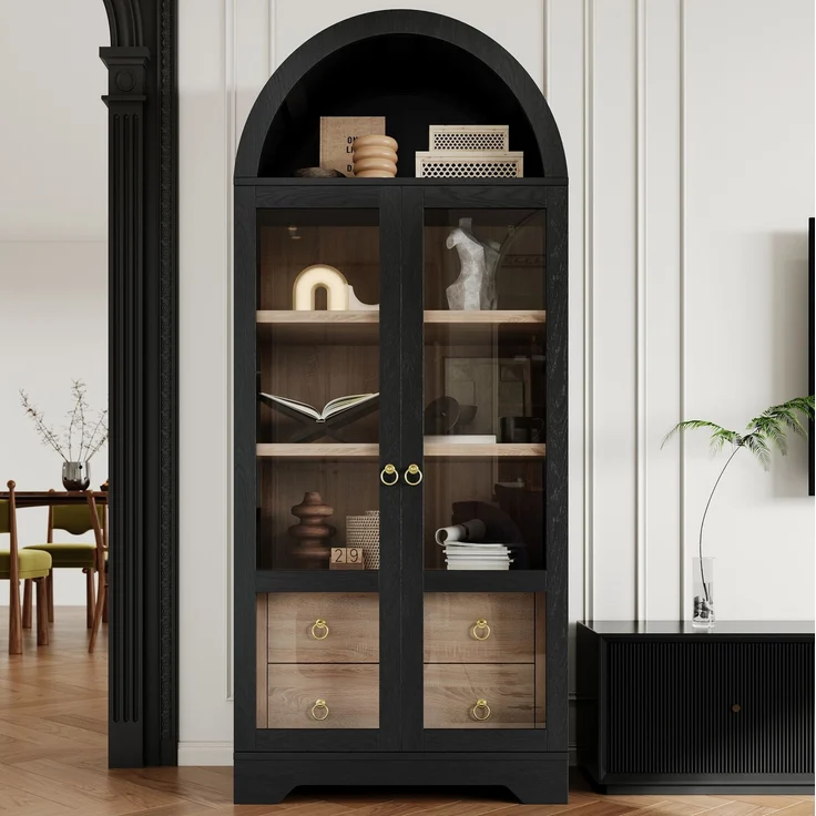 Highboard 76,2 x 40,1 x 180 cm in Schwarz mit Glastüren, Schubladen und verstellbaren Regalböden – Bild 1