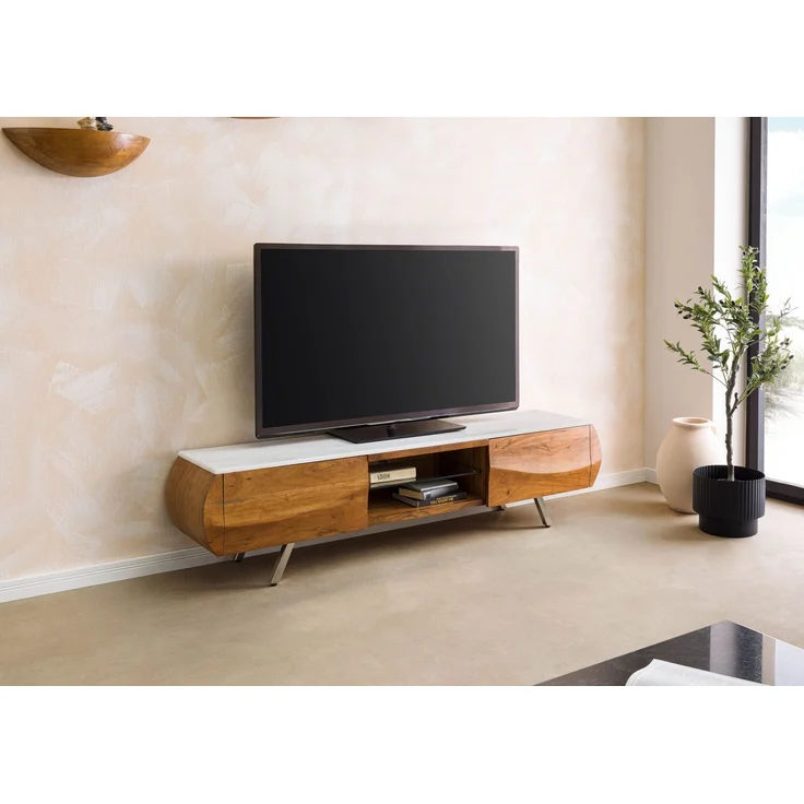 TV-Board Akazie 184x40x45 natur lackiert / Marmor weiß MONTREAL #122 – Bild 4