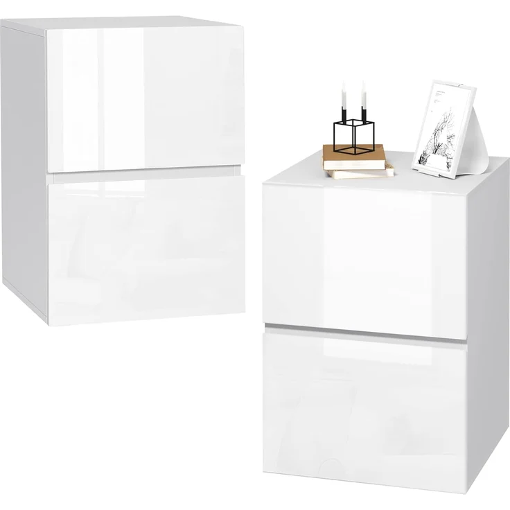 EUGAD Nachttisch (2-St), mit 2 Schubladen in Hochglanz, 40x58x40 cm weiß – Bild 1