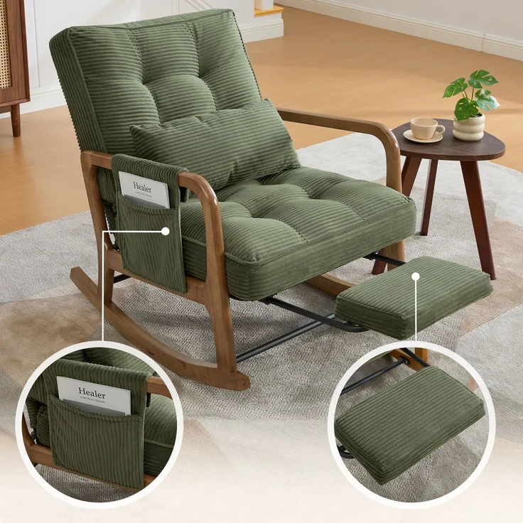 LVHOM Schaukelstuhl mit ausziehbarer Fußstütze, Relaxsessel mit verstellbare Rückenlehne, Loungesessel mit Seitentasche, bis 150 kg belastbar, Grün – Bild 5