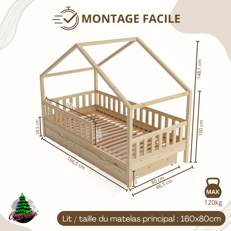 Crazy Pine 'Crazy House' Hausbett mit abnehmbaren Rausfallschutz, Naturholz, Natur, 80x160 cm, mit Ausziehbett – Bild 2