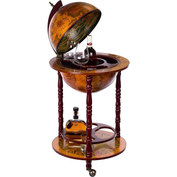 Edler Barwagen 36001, mit massiven Eukalyptusholz Säulen, geöffnet 103 cm hoch und 47 cm breit, antike Weltkugel Globusbar, Bartisch, Hausbar, Barwagen, Weltkugel, Cocktailbar, Dekobar, Tischbar