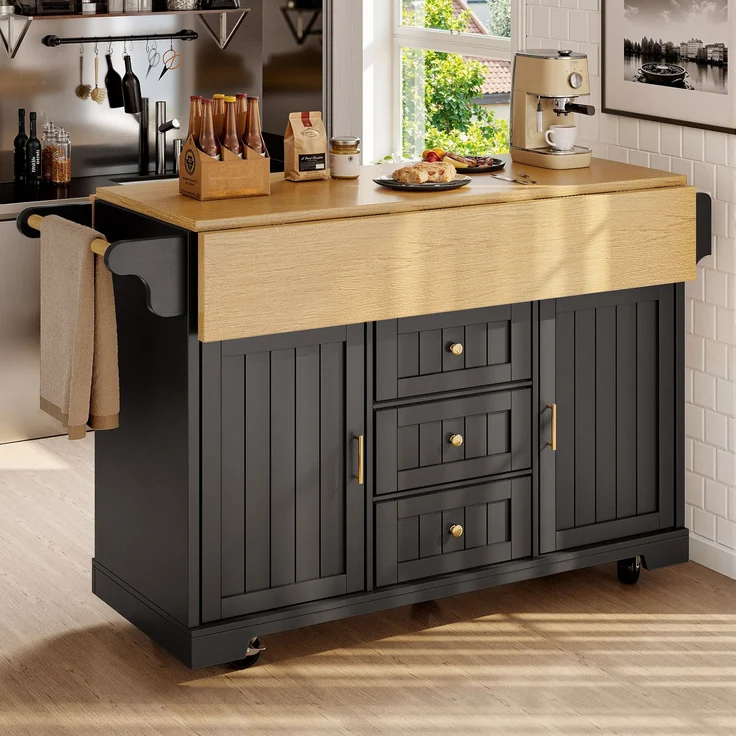 Kücheninsel, Schrank, Buffetschrank 120 x 40 (80) x 95 cm, ausziehbarer Küchenwagen mit Rollen, beidseitig ausziehbar, mit Handtuchhalter und Gewürzregal, zwei Türen, drei Schubladen, schwarz/weiß – Bild 4