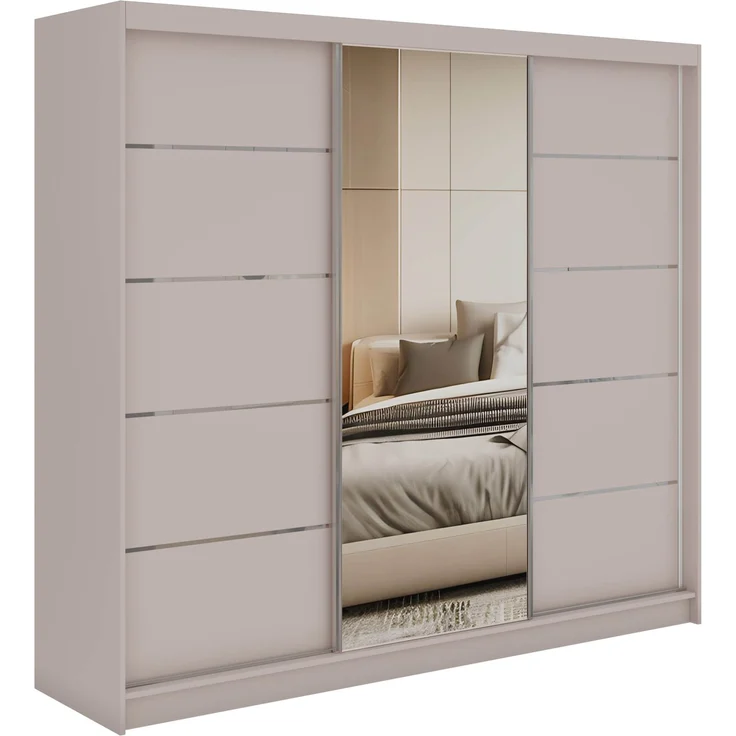 Schwebetürenschrank SKORIA mit großer Spiegelfront, Breite 240 cm, moderner Kleiderschrank, inkl. Innenausstattung und Stauraum - Kaschmir - mit Schubladen – Bild 4