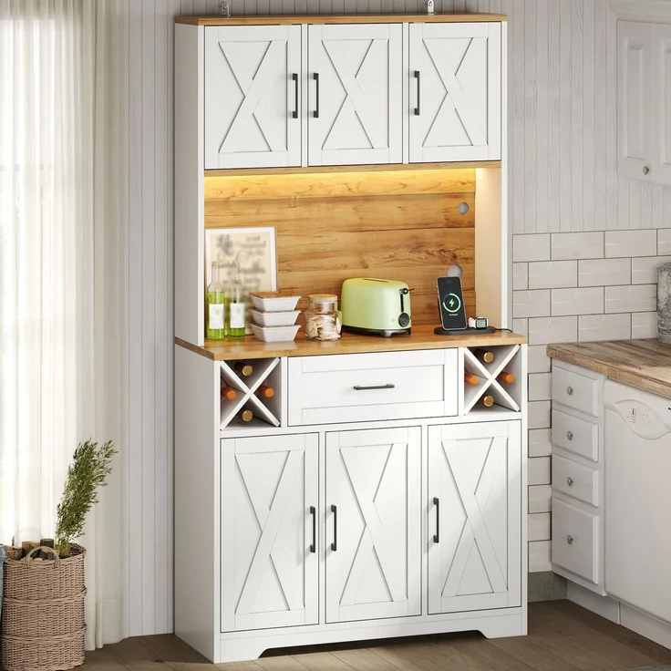Küchenschrank, hoher Stauraumschrank mit LED-Beleuchtung, Vorratsschrank mit Weinregalen, Weinschrank & Vitrinenschrank für Wohnzimmer und Esszimmer, 180 × 105 × 40 cm--Natur + Weiß1--105x40x180cm--YOUDENOVA – Bild 2