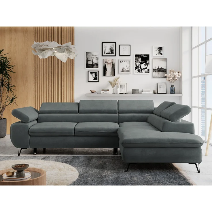 Mks Möbel 'Peter L-form' Ecksofa mit Bettfunktion, Bettkasten & einstellbaren Kopfstützen, Dunkelgrau, Mikrofaser, rechts – Bild 1