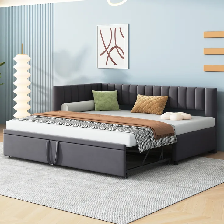 Schlafsofa L-förmig Polsterbett, mit Ausziehbett, platzsparendes Design, geeignet als Kinderbett und Gästebett, Samtstoff, grau, 90 x 200 cm