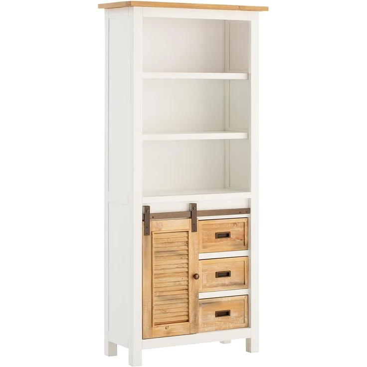 Rustikaler Capera Hochschrank 80x180x35cm weiß-braun Pinienholz Schiebetür Stauraum für Bad & Wohnzimmer | massivum