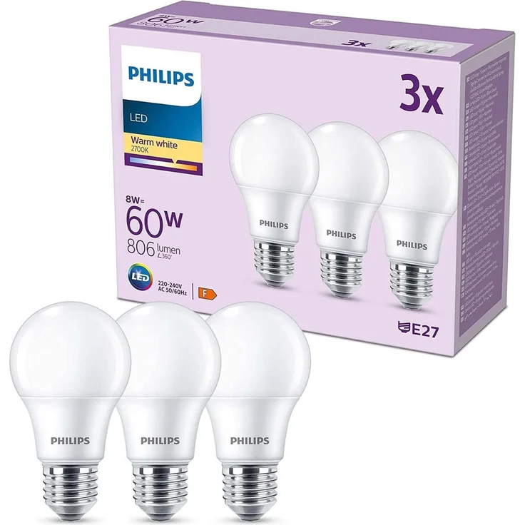 Philips LED classic Lampe 60W E27 Warmweiß 806lm matt 3er P – Bild 1
