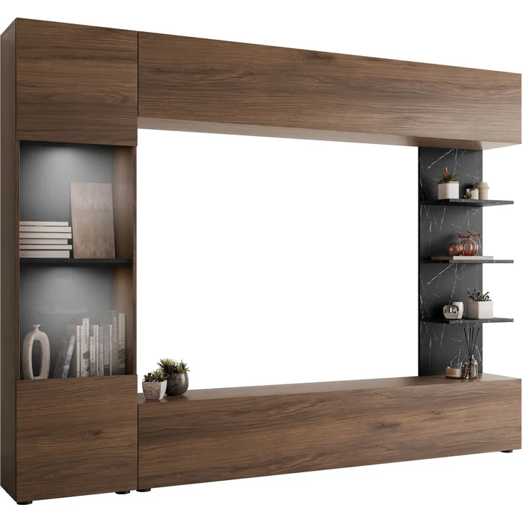 Wohnwand Lazando, mit weißer LED Beleuchtung, Farbe: Nuss Warmia / Marmor Schwarz – Bild 1