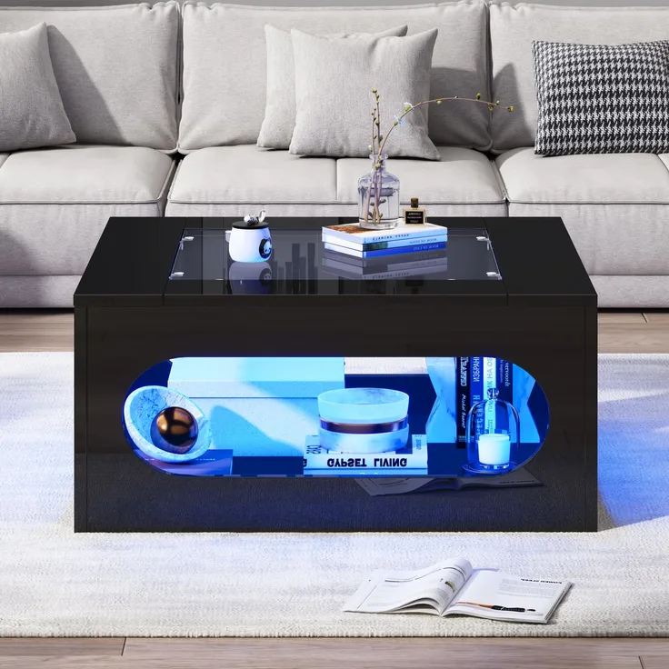 Quadratischer Couchtisch mit gehärtetem Glas & LED-Beleuchtung in Schwarz - 70x70x35 cm