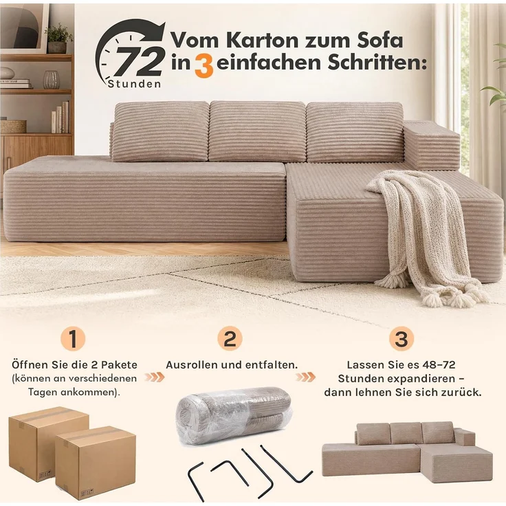COMHOMA Ecksofa mit Schlaffunktion, 255cm Corduroy Modulares Boneless Couch mit Chaiselongue & Rücken-Metallgestell, L-Form Schlafsofa mit offenem Design, Kissen & Seitentaschen,für Wohnzimmer, Beige-L – Bild 14