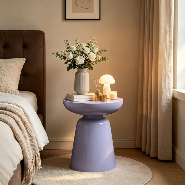 Round Accent Side Table with Bowl Top, Fiberglass with Sticker Finish, Modern Pedestal End Table for Living Room (Purple) – Bild 2