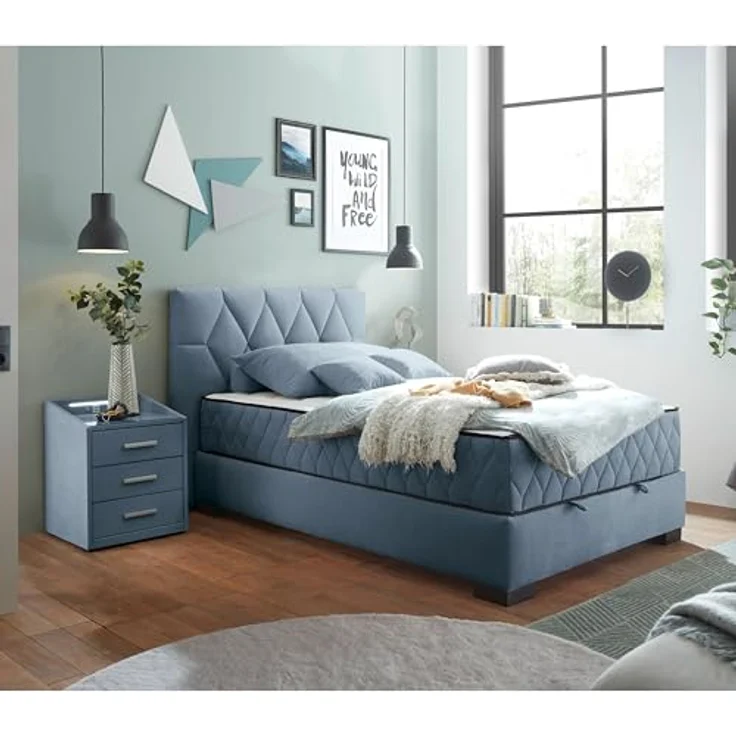 NAGOL B Boxbett 120x200, Denim - Bequemes Bett mit Bettkasten und Premium 9-Zonen-Federkern Wendematratze - 145 x 114 x 214 cm (B/H/T) – Bild 3