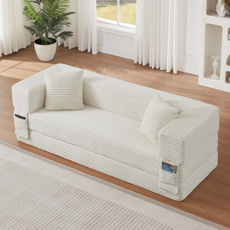 Wohnora-Knochenloses Sofa-Kombinati,Moderne Cord-Sofa in modischer Optik, klassisches quadratisches Design,zweischichtiges einzigartiges Design,umwandelfähig in ein Bett, ideal für Apartments und große Räume,H 60cm x T 200cm x B 76cm,Weiß – Bild 1