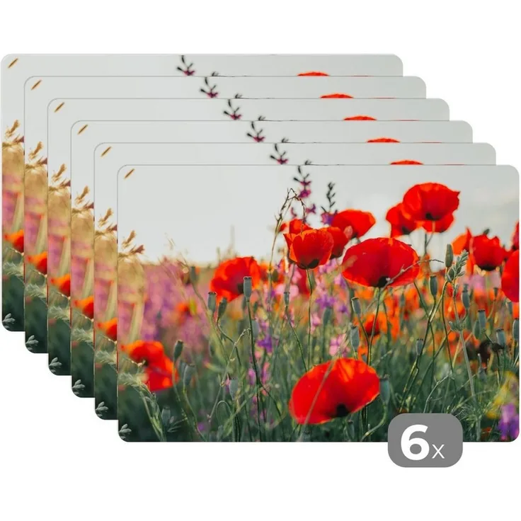 MuchoWow Platzset Mohn - Blumen - Rot - Lila - Wiese, (6-St), Platzsets, Tischset, Abwaschbar, Tischsets, Platzdeckchen