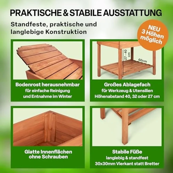 TTL GARDEN Balkon Hochbeet L 80 x 60 x 80 cm aus Holz - Pflanzkasten & Blumenkasten mit Ablageboden & Folie - Tannenholz wetterfest - Pflanzbeet Kräuterbeet Blumenbeet für Garten Balkon Terrasse - Braun – Bild 4