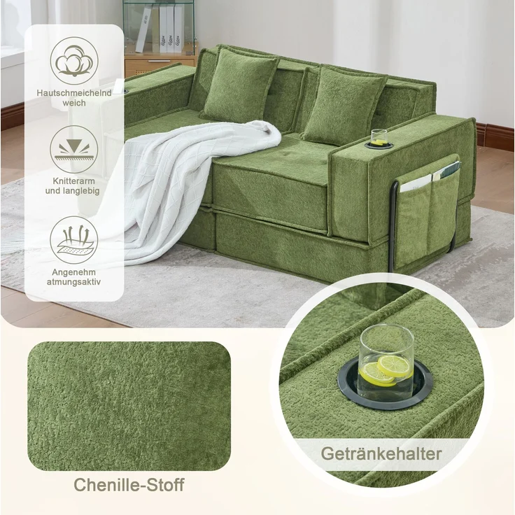 2-Sitzer-Sofa, Chenille mit Seitentaschen & 2 Kissen, 162x78x66 cm, Grün – Bild 7