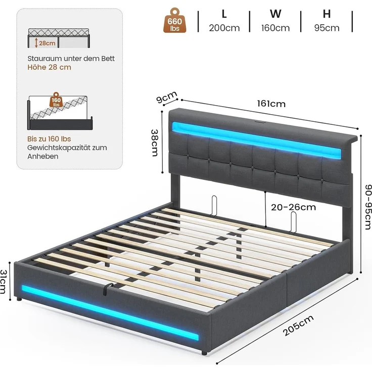 MSMASK Polsterbett Jugendbett mit LED Beleuchtung und Ladestation, Hydraulisches Bett (Ohne Matratze), mit Höhenverstellbares Kopfteil und Stauraum – Bild 1