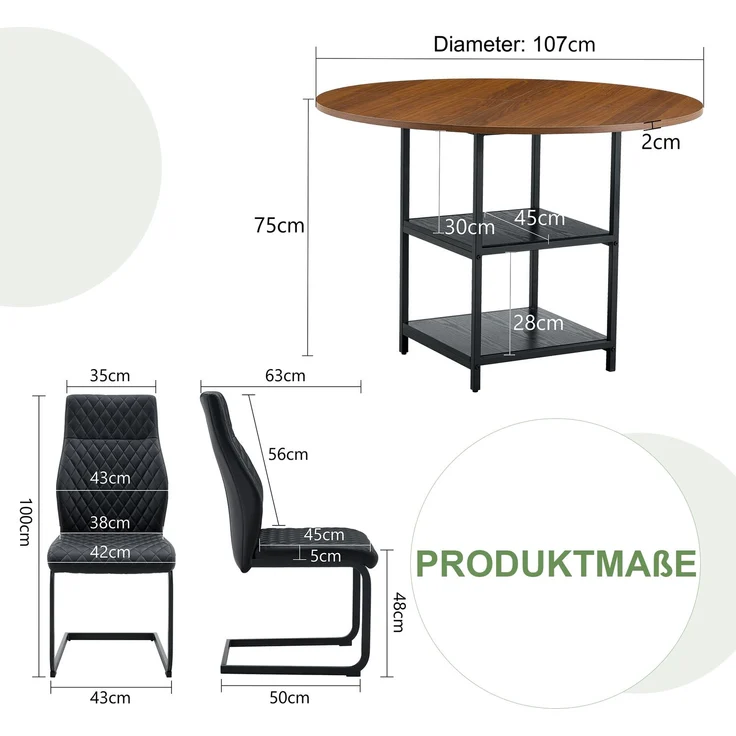 Esstischgruppe H 75 x T 107 x B 107 cm mit 4 Stühlen, MDF-Metall in Nussbaum-Optik, doppelte Ablage, schwarz – Bild 3