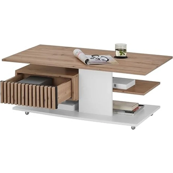 Stella Trading Ally Couchtisch auf Rollen in Artisan Eiche Optik, Weiß - Mobiler Sofatisch mit Schublade für Ihr Wohnzimmer - 110 x 44,5 x 60 cm (B/H/T) – Bild 4