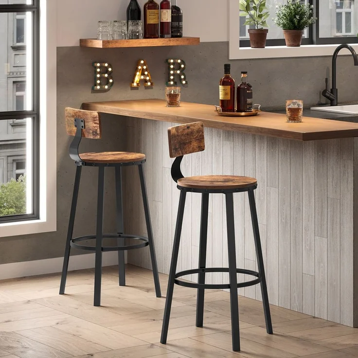 Vasagle 2er-Set Barhocker mit stabilem Metallgestell, Industrie-Design, vintagebraun-schwarz, 99 x 46,5 x 46,5 cm – Bild 2