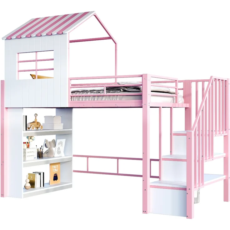 Merax Hochbett 90×200 cm, Kinderbett, Jugendbett, Hausdesign, Mehrstöckiges Stauraumregal, Sichere Treppe (montierbar links/rechts), Rosa – Bild 10