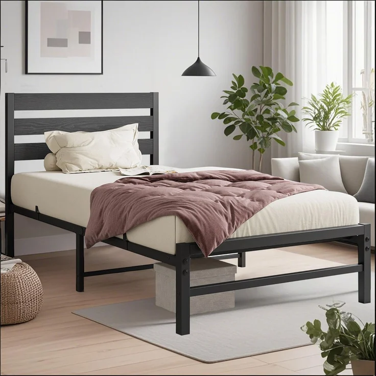 Einzelbett aus Metall mit MDF-Kopfteil, ohne Matratze, 90x200 cm, Schwarz – Bild 5