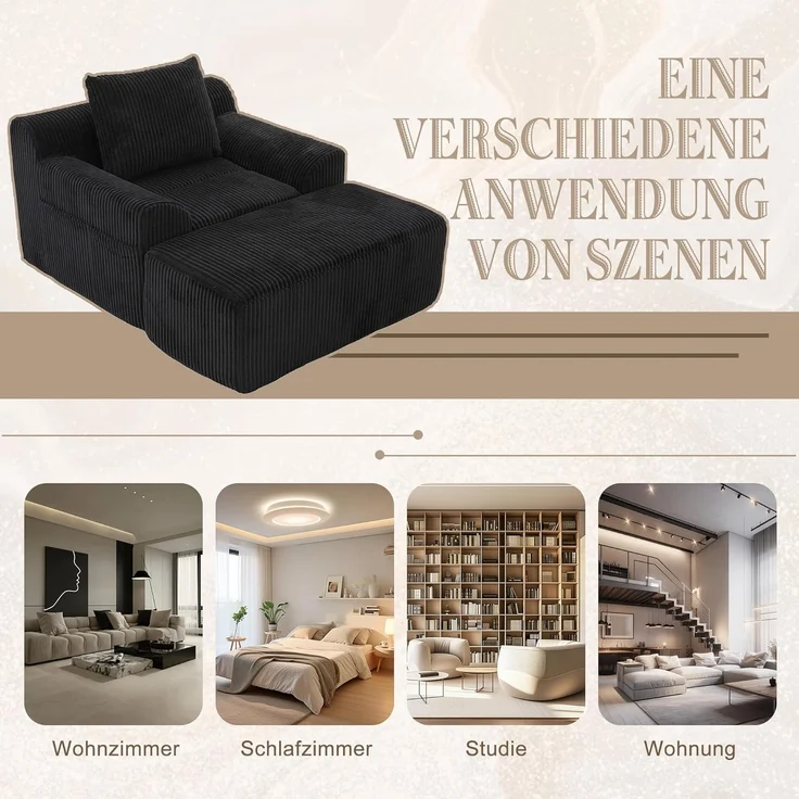 Ball & Cast Reading Chair, Big Sessel mit Rückenlehne und Fußstütze, Lesesessel Bequem XXL aus Kordsamt, Montagefrei, 147 x 110 x 67 cm, Schwarz – Bild 5