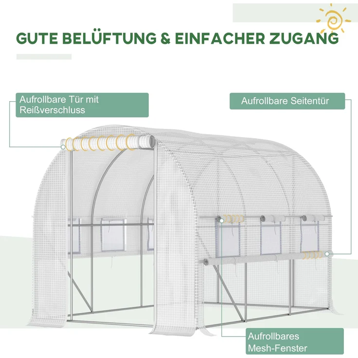 MELAYR, Foliengewächshaus, 6 aufrollbare Fenster, Tür mit Reißverschluss, rostfreier Stahlrahmen, 2.95 x 2 x 2 m, Weiß – Bild 6
